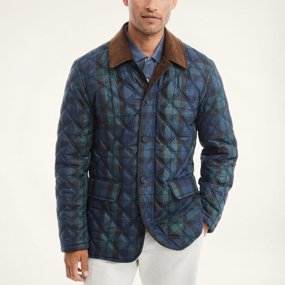 Men's Quilted Plaid Jacket with Contrast Collar - Blue/Green